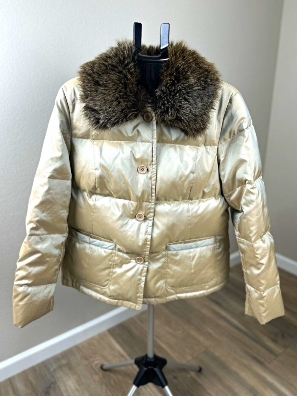 Ann Taylor LOFT Women’s Puffer Jacket L Beige Faux Fur Collar Down Blend